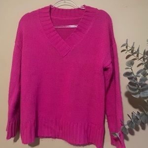 Cozy Hot Pink V Neck Sweater Size Small